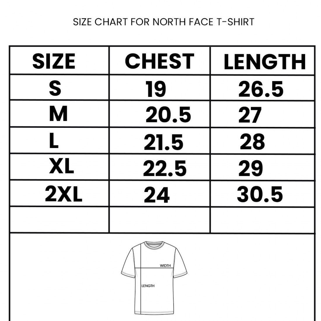 The north face t shirt size clearance chart